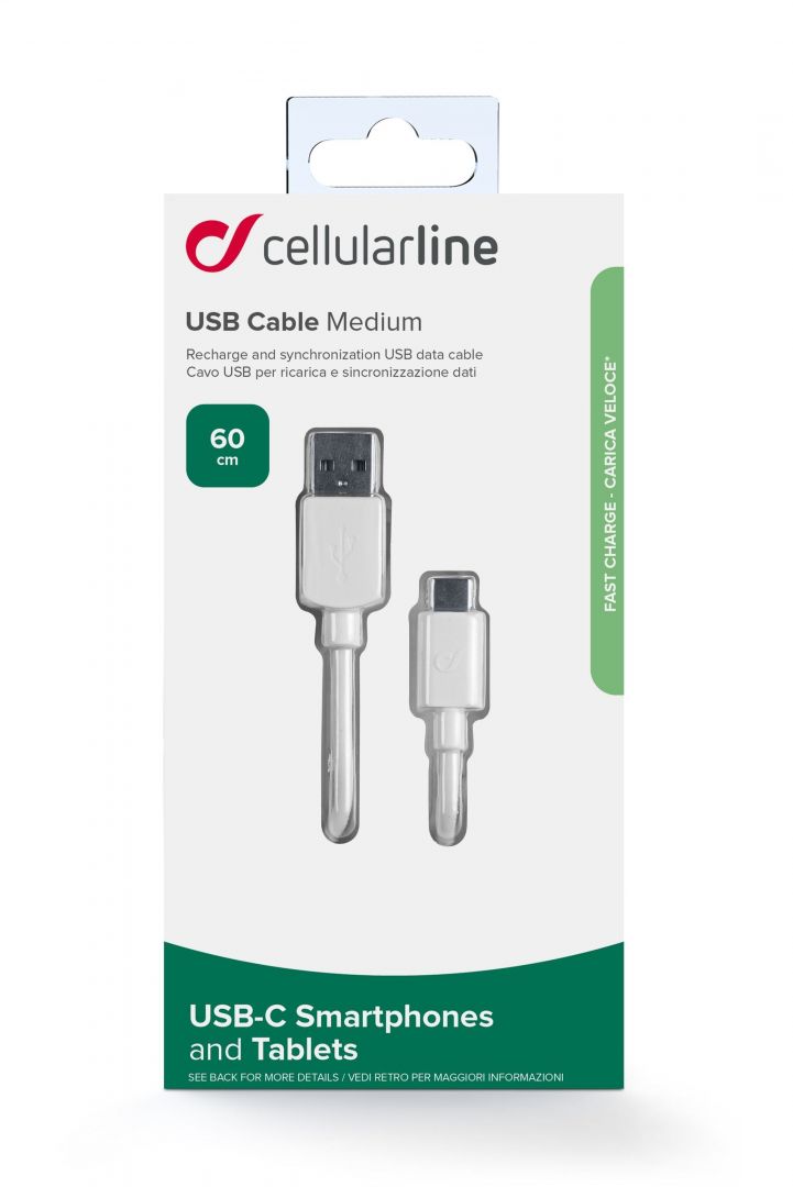 Cellularline USB data cable with USB-C connector and Power Delivery (PD) support, 60 W max, 60 cm, white