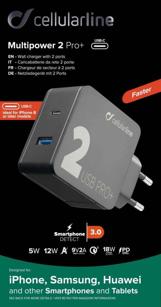 Cellularline  Multipower 2 PRO mains charger + with Smartphone Detect technology, USB-C + USB port, 36W, black