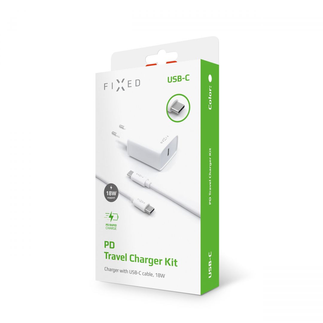 FIXED set of travel charger with USB-C output and USB-C/USB-C cable, PD support, 1 meter, 18W, white