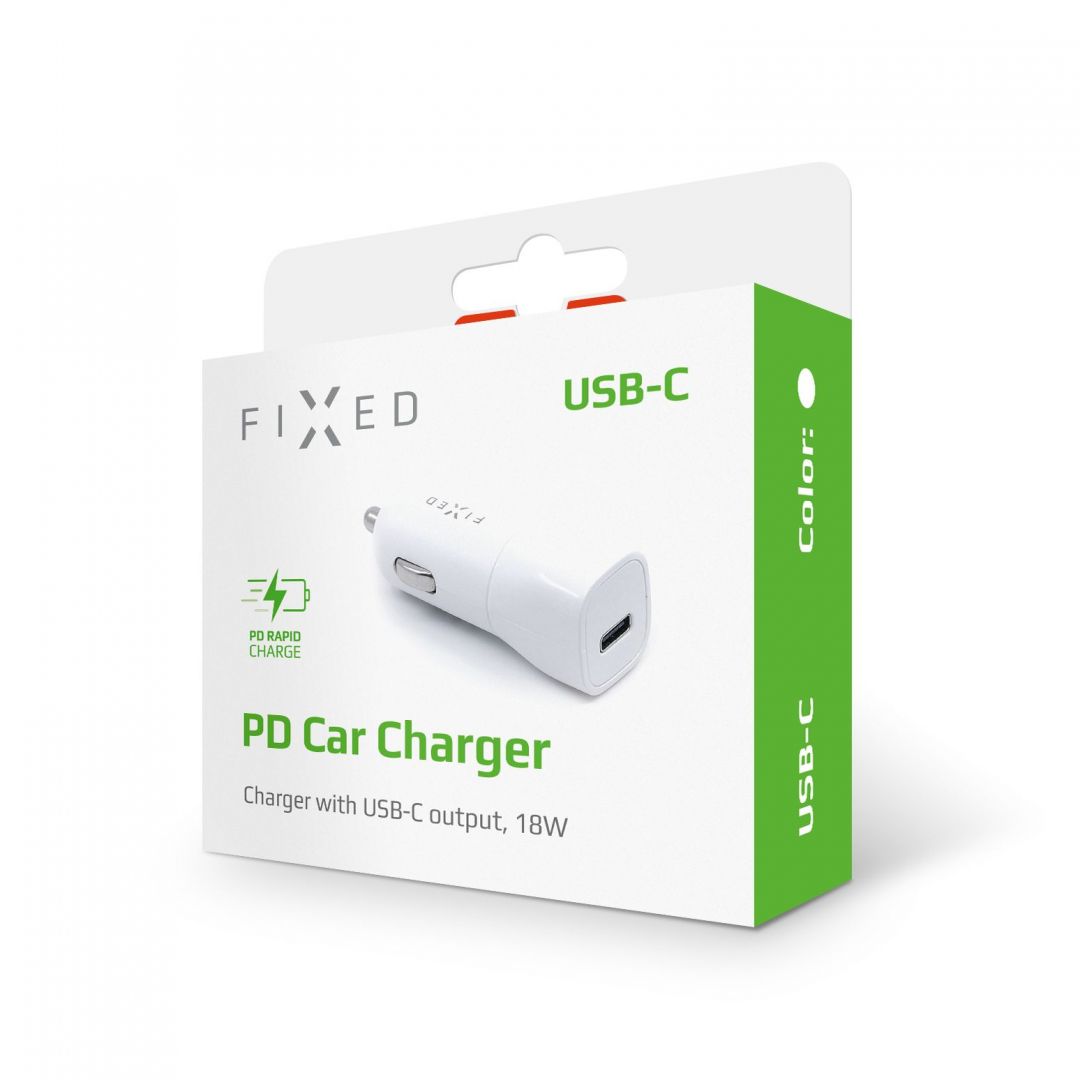 FIXED Car charger with USB-C output and PD support, 18W, white