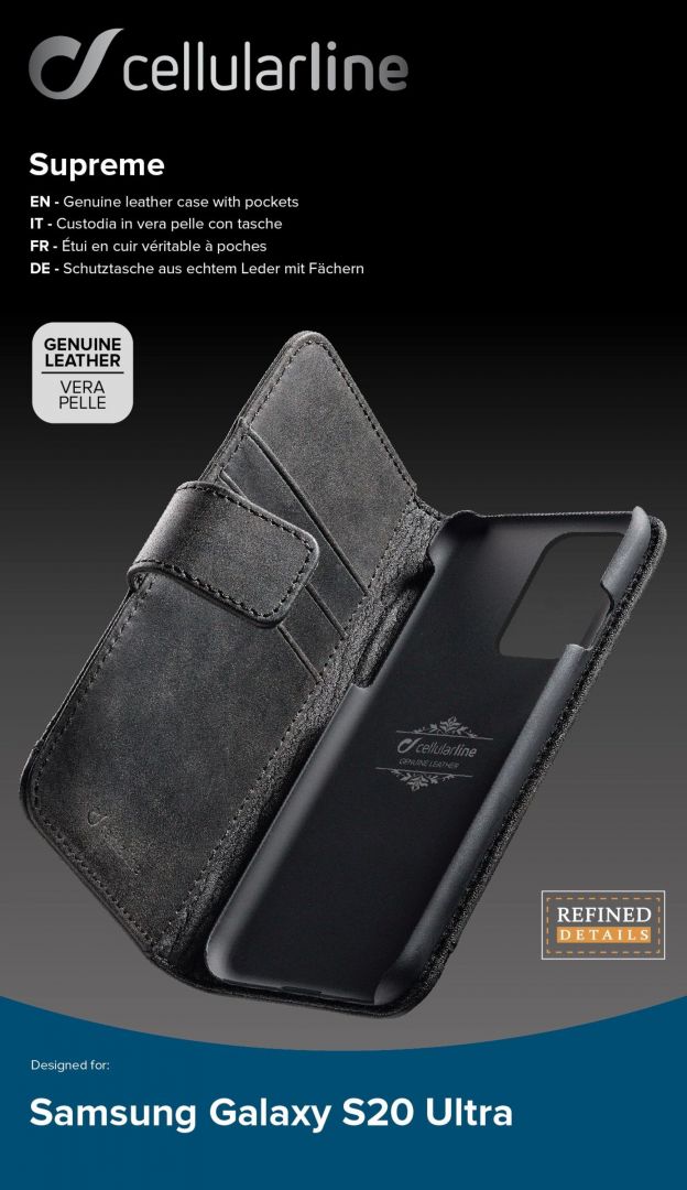 Cellularline Premium Supreme Leather Book Case for Samsung Galaxy S20 Ultra, Black