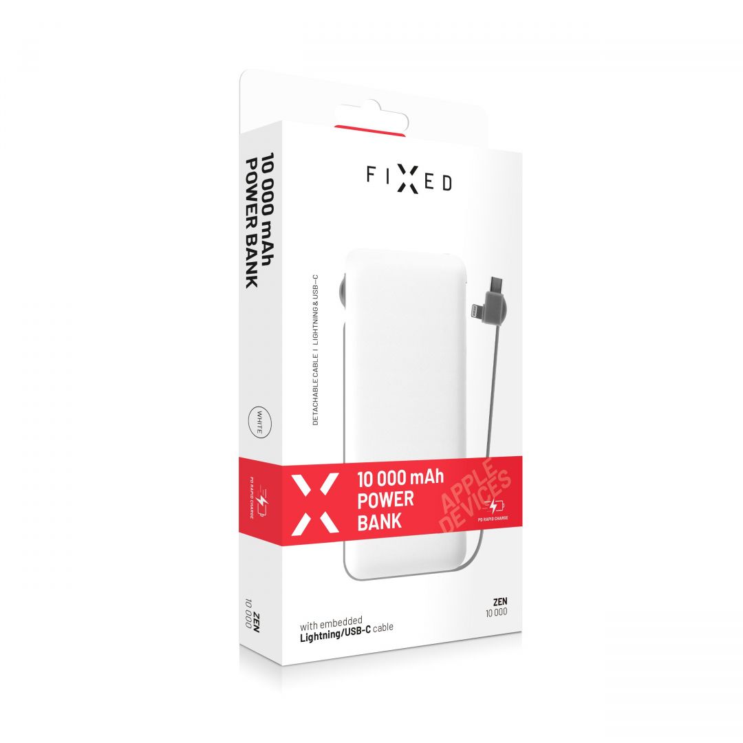 FIXED Powerbank Zen 10,000 with Lightning/USB-C cable, 10,000 mAh, white