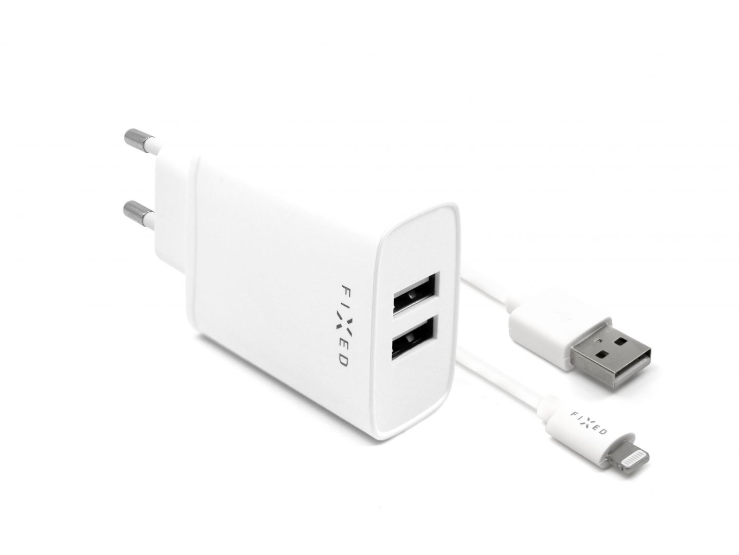 FIXED Set mains charger with 2xUSB output and USB/Lightning cable, 1m, MFI certification, 15W Smart Rapid Charge, white