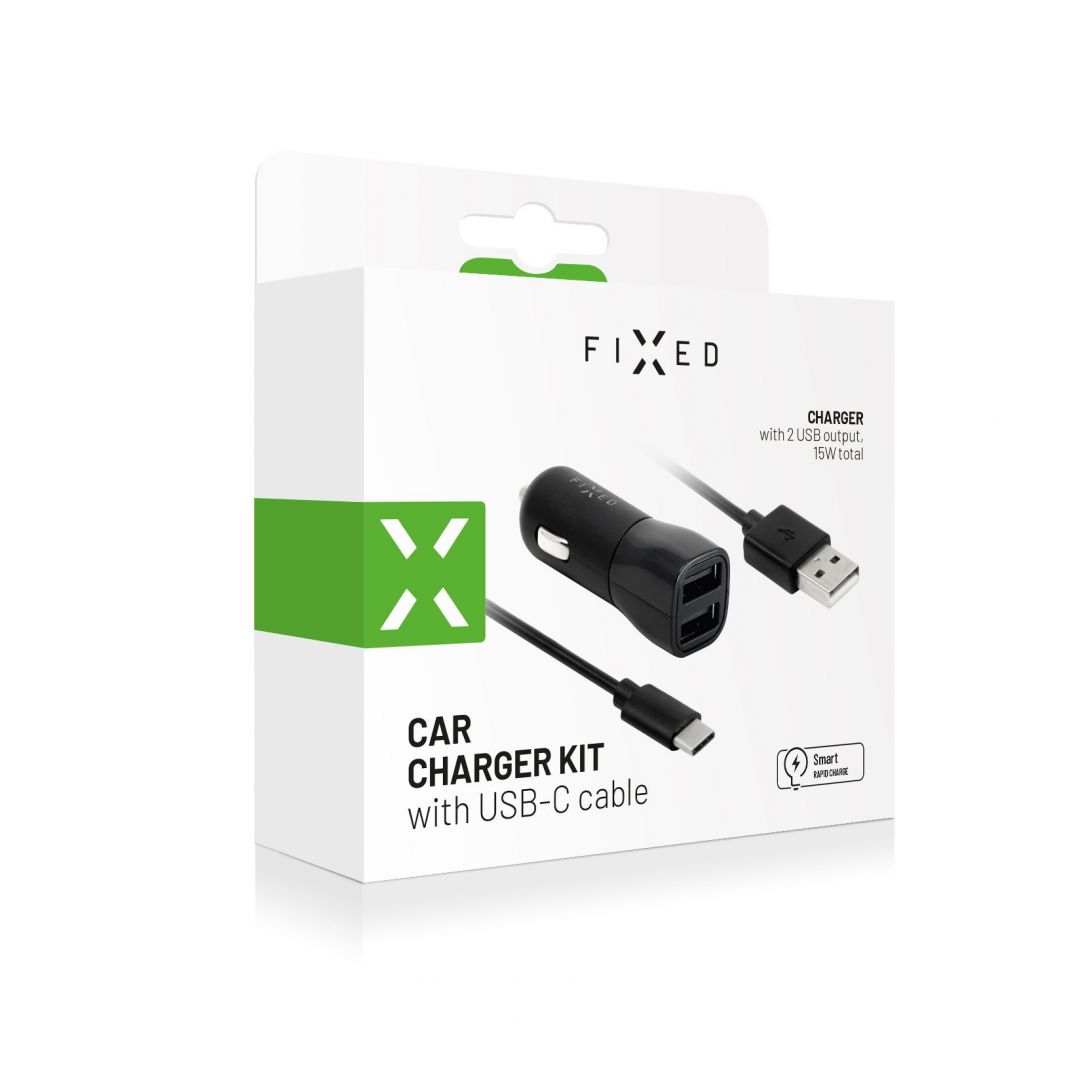 FIXED Set car charger with 2xUSB output and USB/USB-C cable, 1 meter, 15W Smart Rapid Charge, black