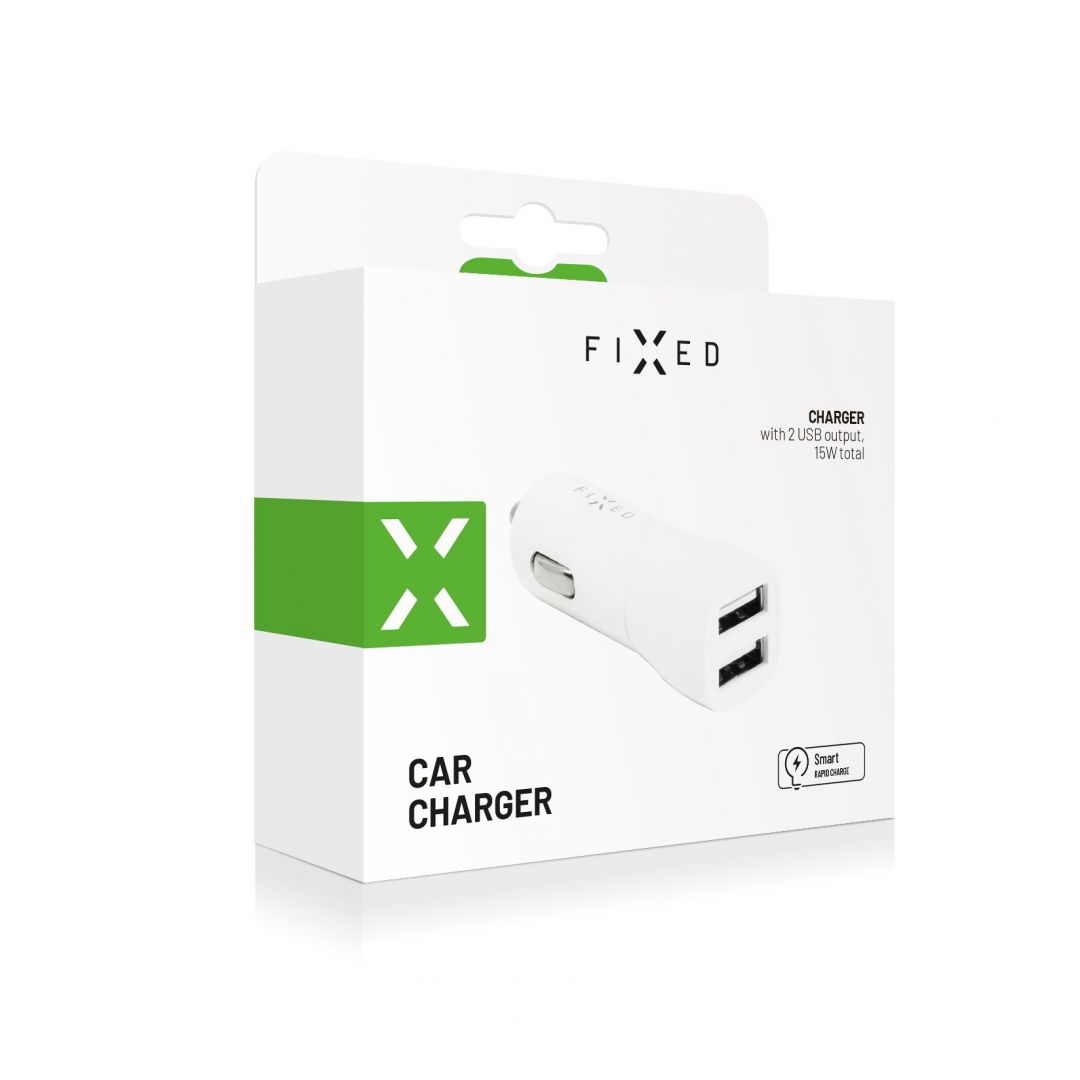 FIXED car charger with 2xUSB output, 15W Smart Rapid Charge, white