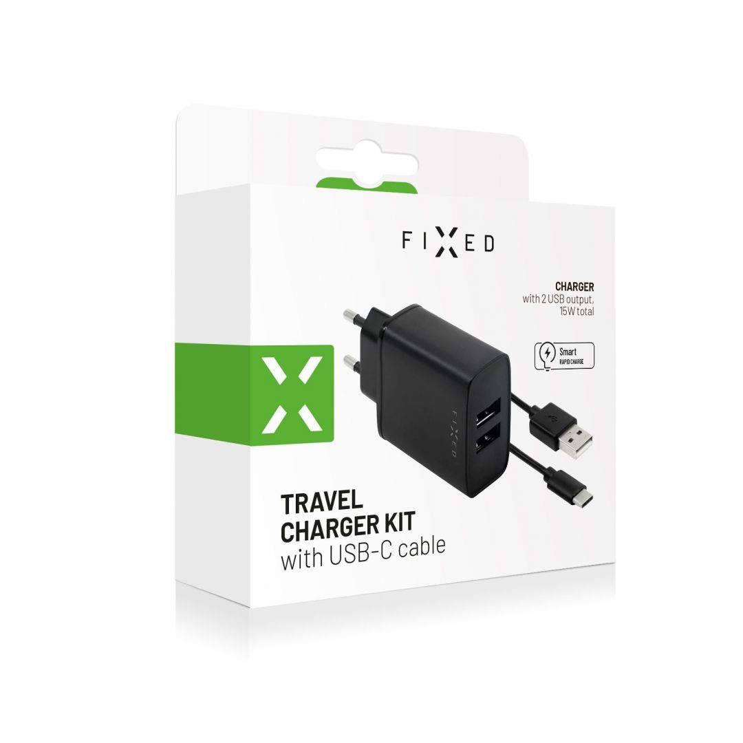 FIXED Set mains charger with 2xUSB output and USB/USB-C cable, 1 meter, 15W Smart Rapid Charge, black