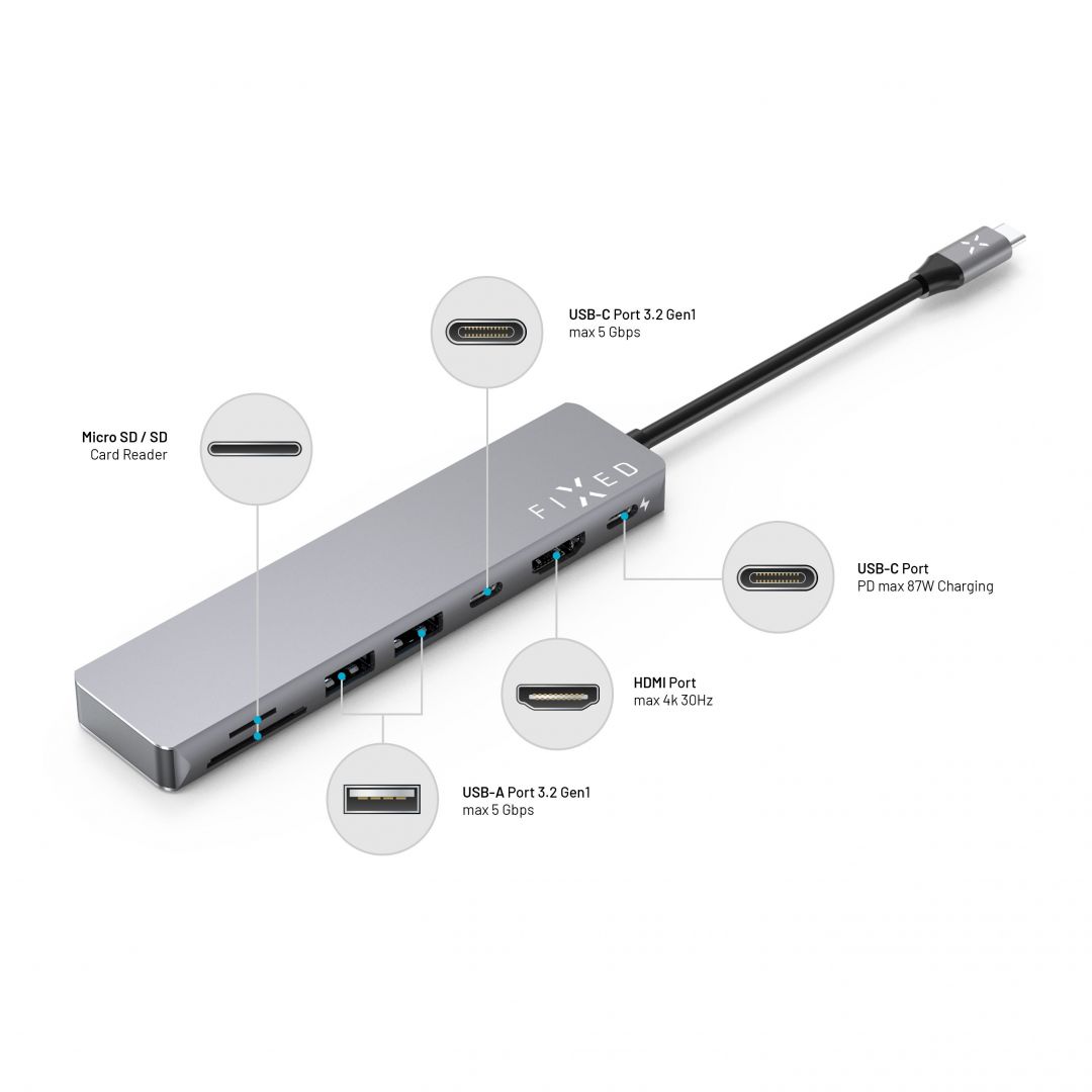 FIXED 7-port aluminum USB-C HUB Card for notebooks and tablets, gray