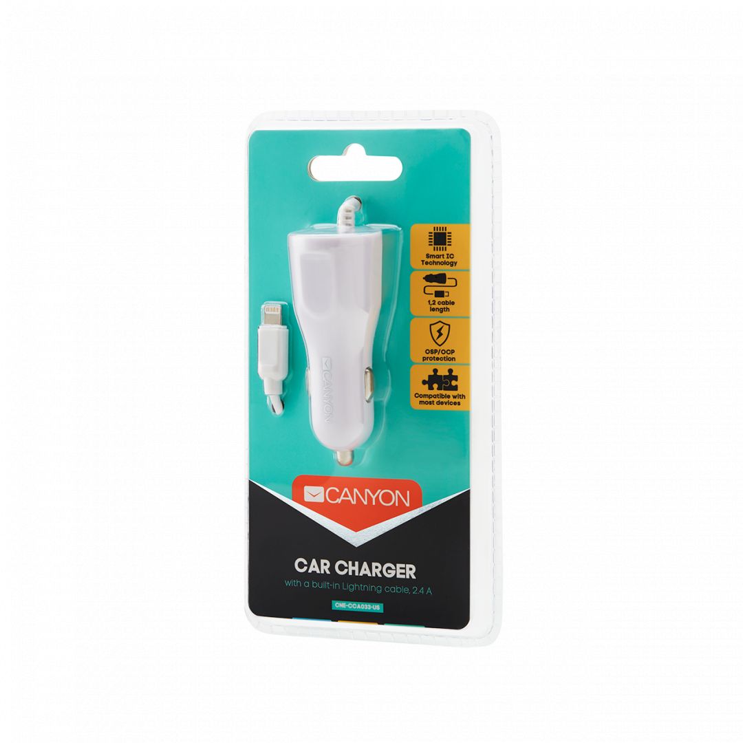 Canyon C-033 Car charger with built-in Lightning cable White