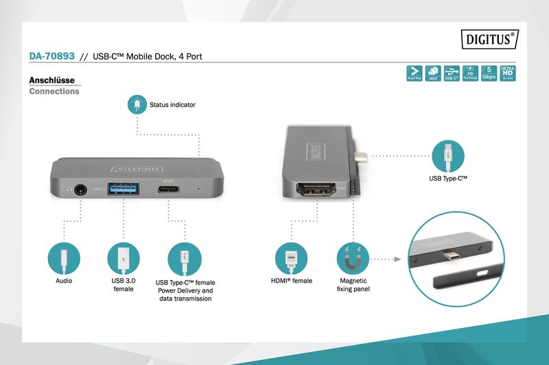 Digitus USB-C Mobile Dock 4 Port Gray