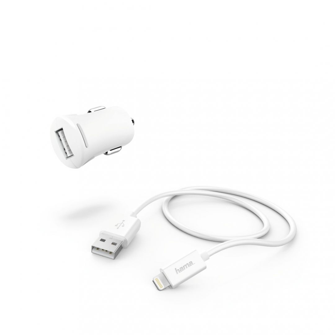 Hama Car Charger 2,4A with Lightning->USB Cable White