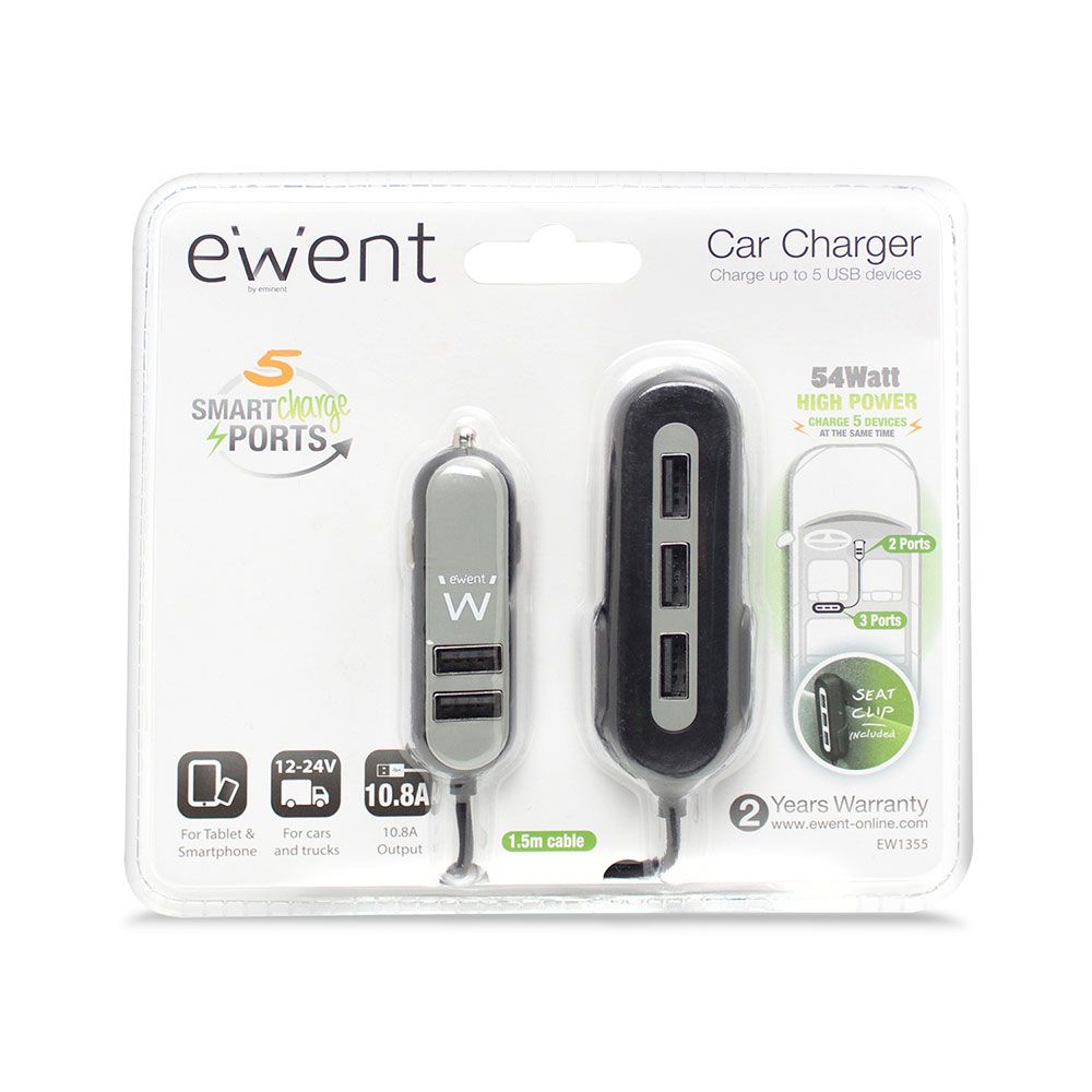 Ewent EW1355 5-Port USB Car charger 10.8A Black