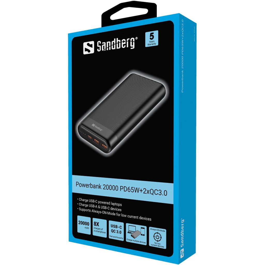 Sandberg 20000mAh Powerbank PD65W+2xQC3.0 Black