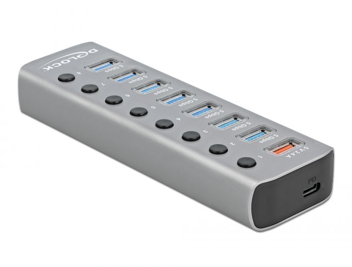 DeLock USB 3.2 Gen 1 Hub with 7 Ports + 1 Fast Charging Port + 1 USB-C PD 3.0 Port with Switch and Illumination