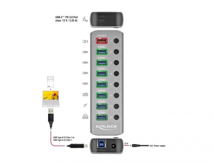 DeLock USB 3.2 Gen 1 Hub with 7 Ports + 1 Fast Charging Port + 1 USB-C PD 3.0 Port with Switch and Illumination