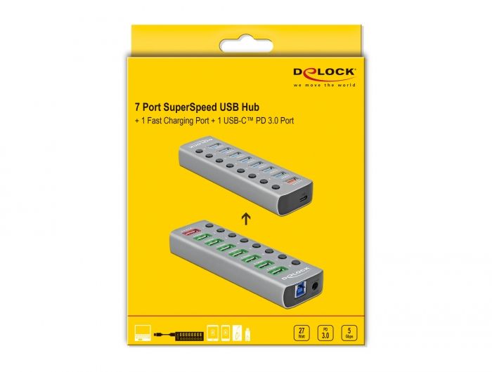 DeLock USB 3.2 Gen 1 Hub with 7 Ports + 1 Fast Charging Port + 1 USB-C PD 3.0 Port with Switch and Illumination