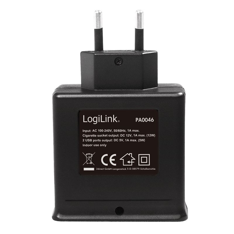 Logilink PA0046 Power Socket Adapter 2xUSB ports + 1x cigarette lighter socket 12W Black