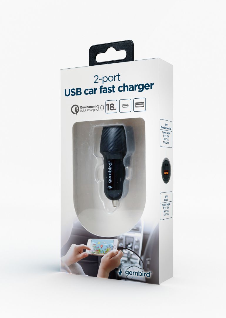 Gembird TA-U2QC3-CAR-02 2port USB Car Fast Charger QC3.0 18W Black