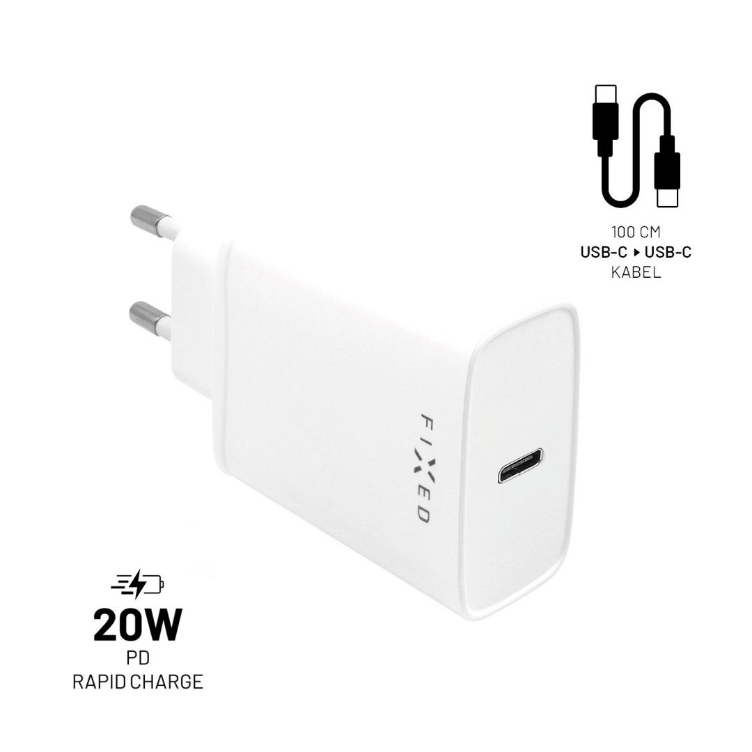 FIXED USB-C Travel Charger 20W + USB-C/USB-C Cablet, white