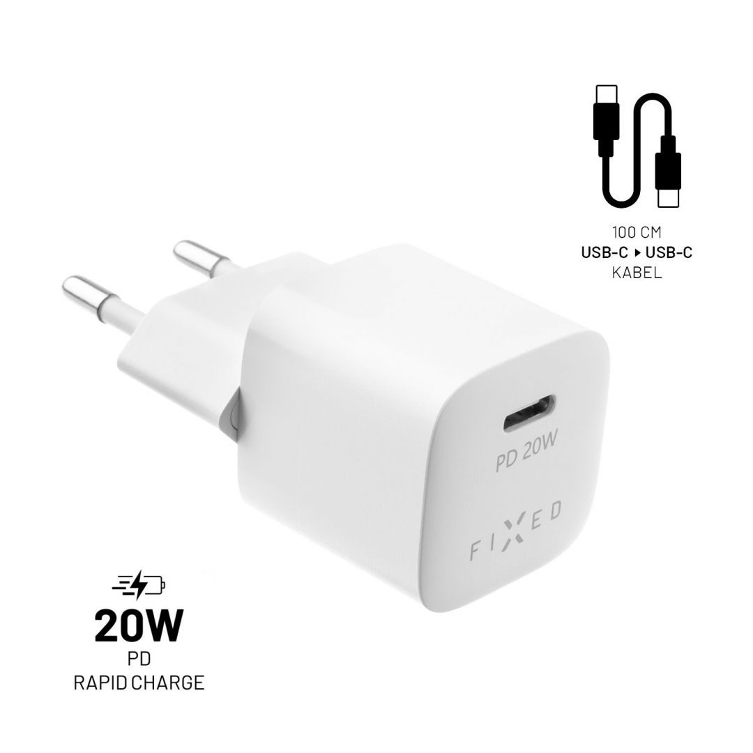 FIXED Mini Travel Charger 20W + USB-C/USB-C Cable, white