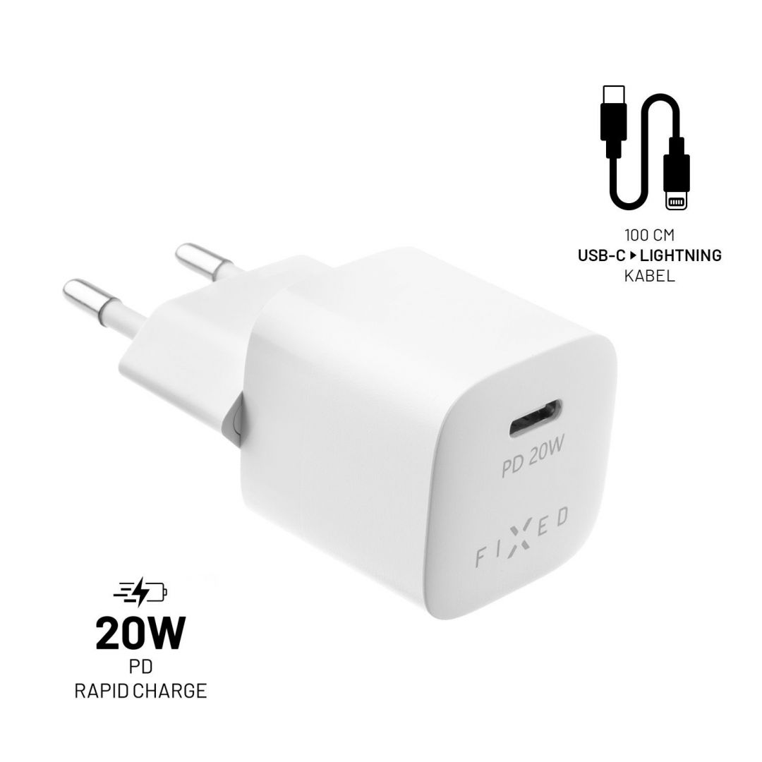 FIXED Mini USB-C Travel Charger 20W + USB-C/Lightning Cable, white