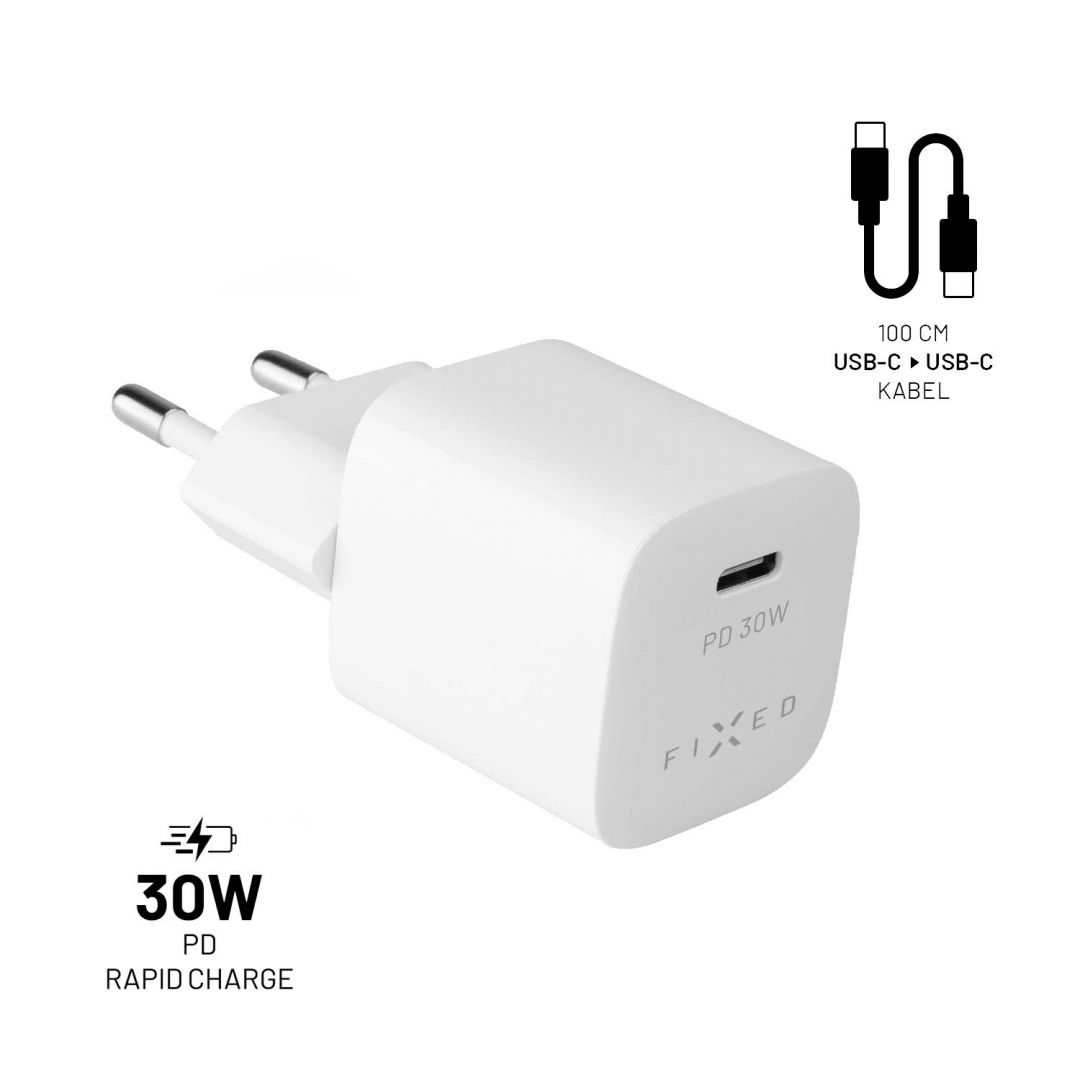 FIXED Mini Travel Charger 30W + USB-C/USB-C Cable, white