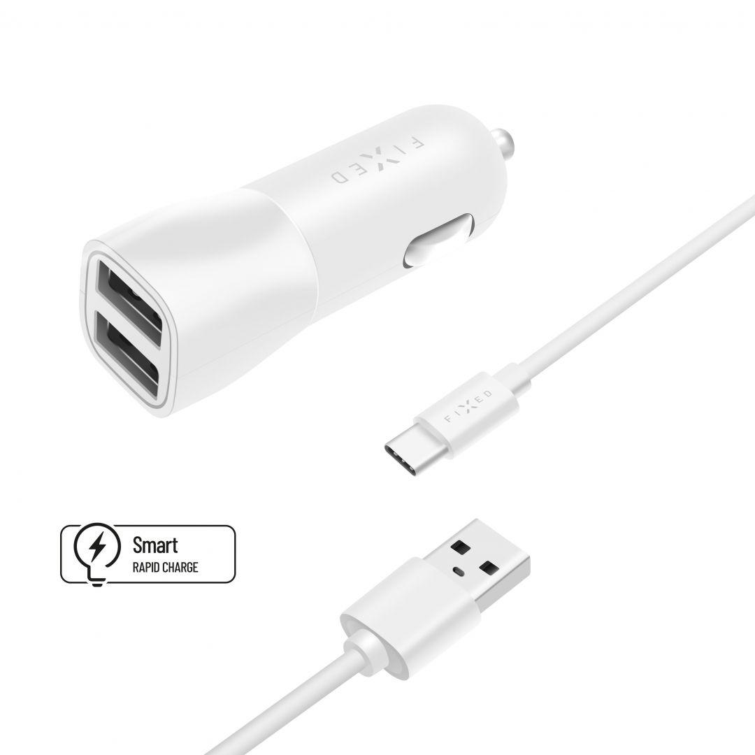 FIXED Dual USB Car Charger 15W + USB/USB-C Cable, white