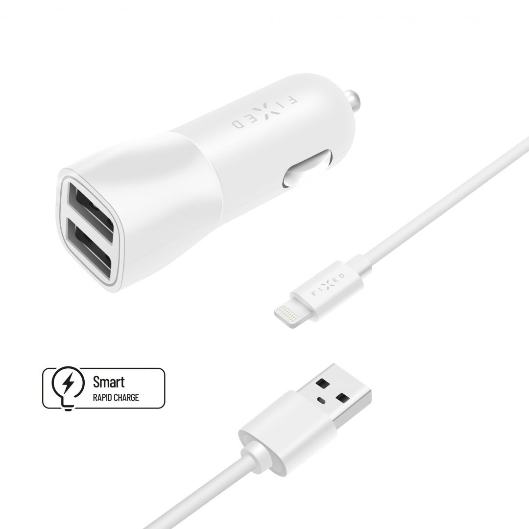 FIXED Dual USB Car Charger 15W + USB/Lightning Cable, white