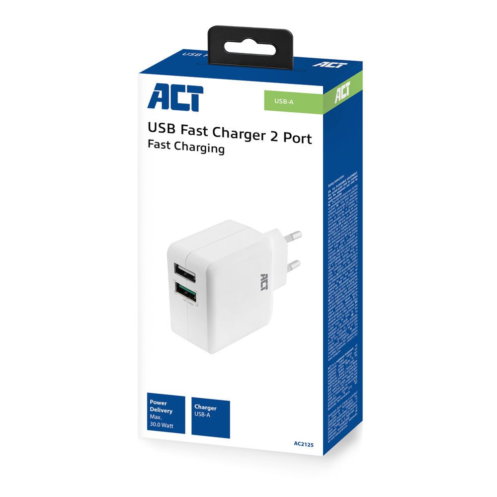 ACT AC2125 2-Port USB Charger 30W including 1 Quick Charge 3.0 port White