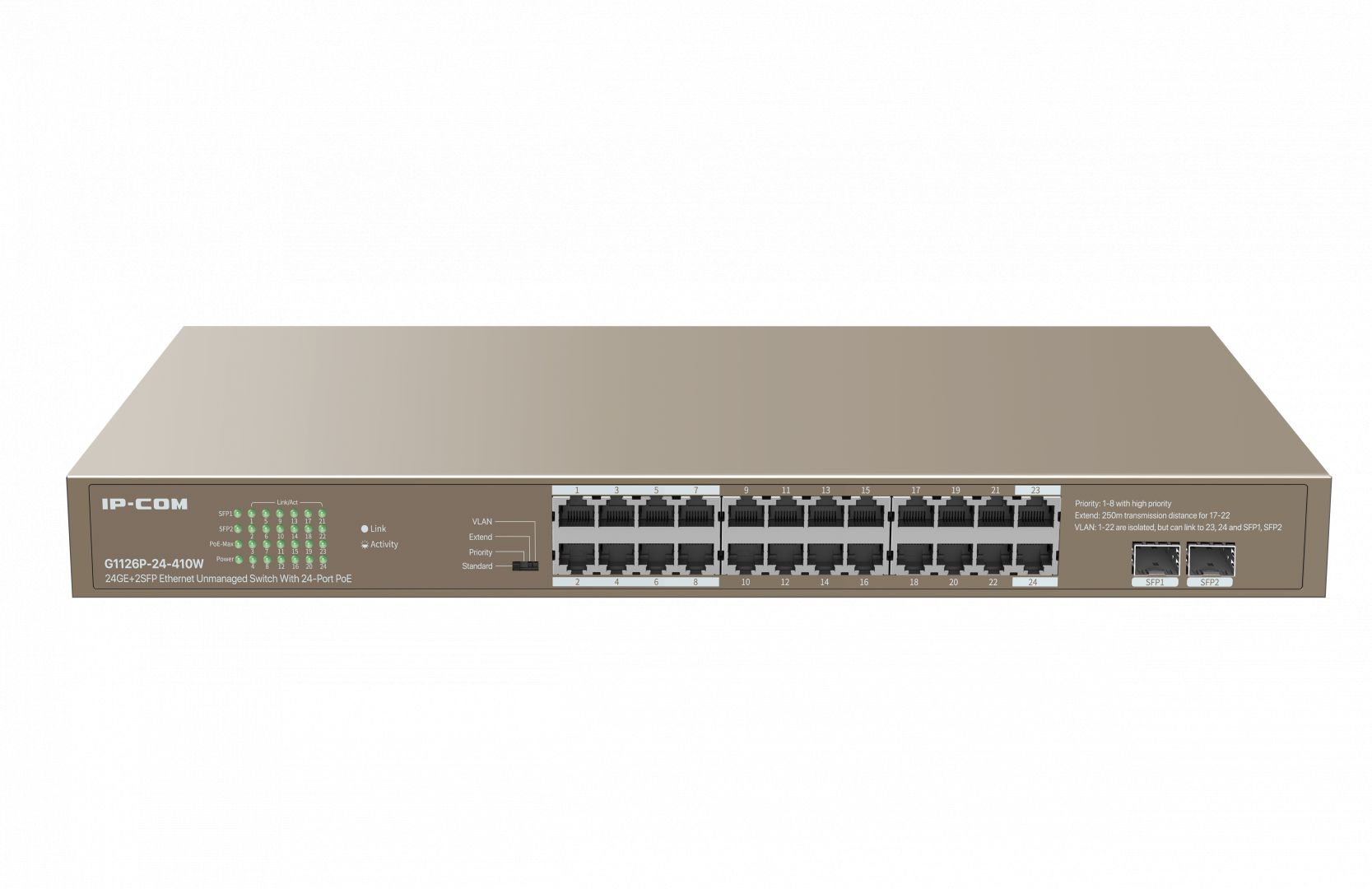 IP-COM G1126P-24-410W 24GE+2SFP Ethernet Unmanaged Switch With 24-Port PoE