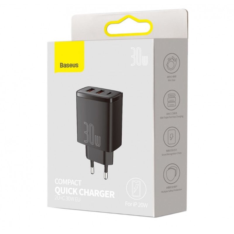 Baseus 2xUSB-A +USB-C PD 30W Quick Charger Black