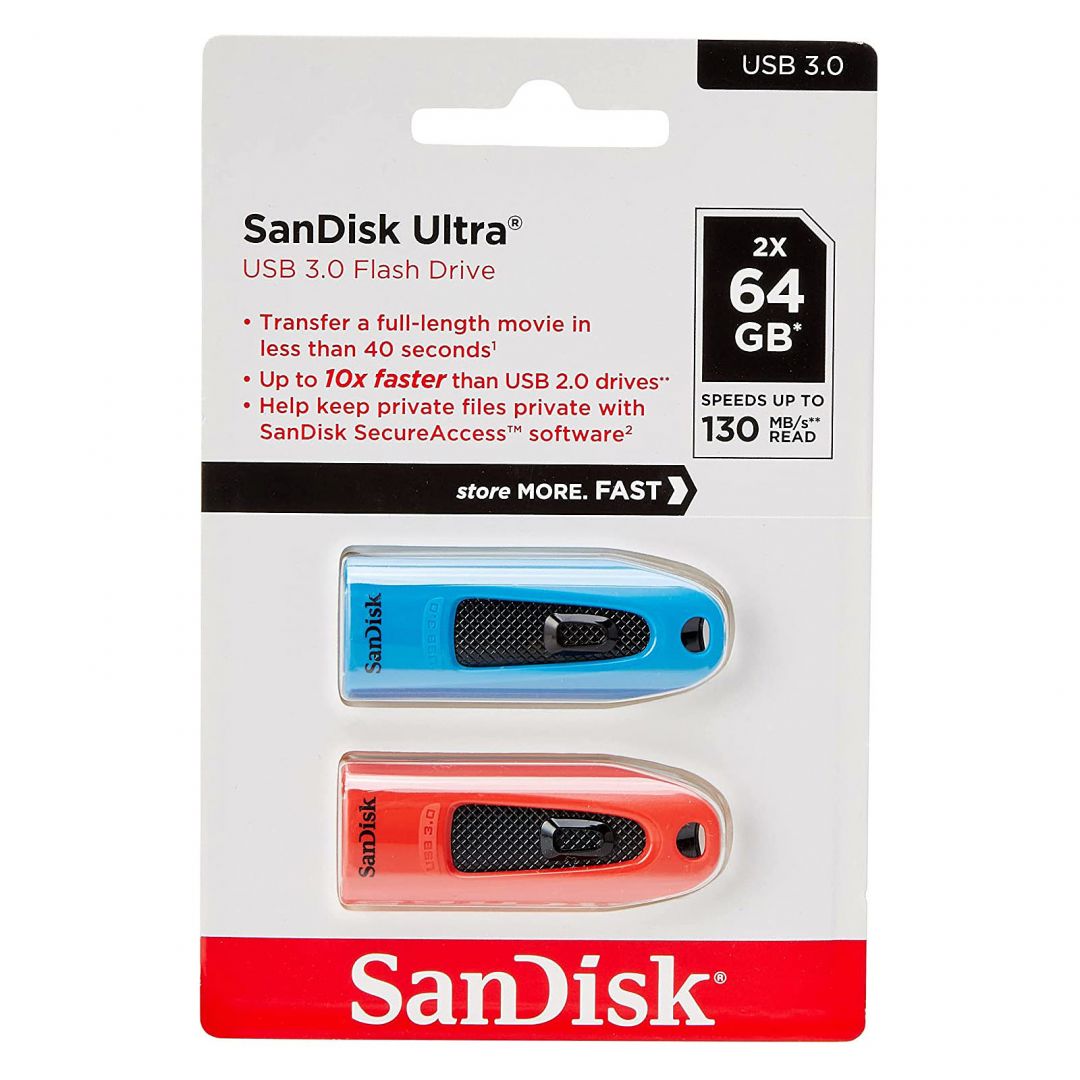 Sandisk 64GB Ultra USB3.0 Blue/Red (2-pack)