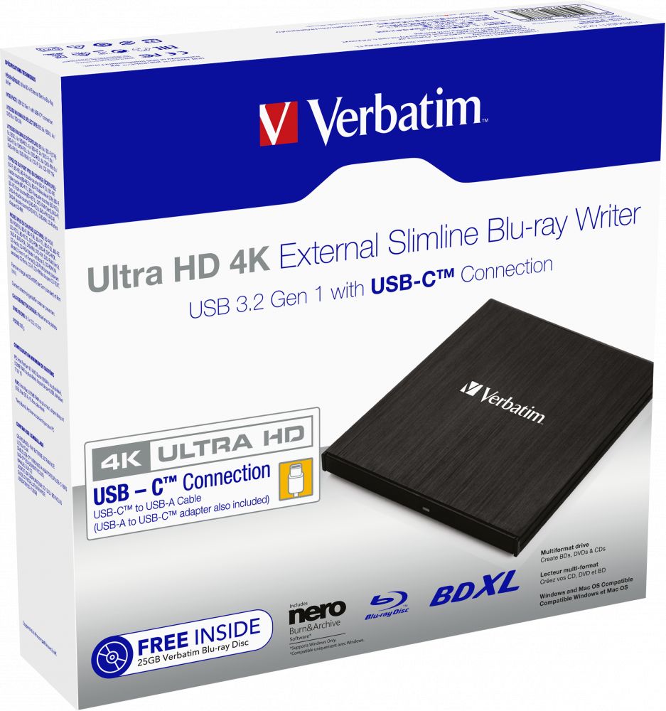 Verbatim Ultra HD 4K External Slimline Blu-ray Writer Black