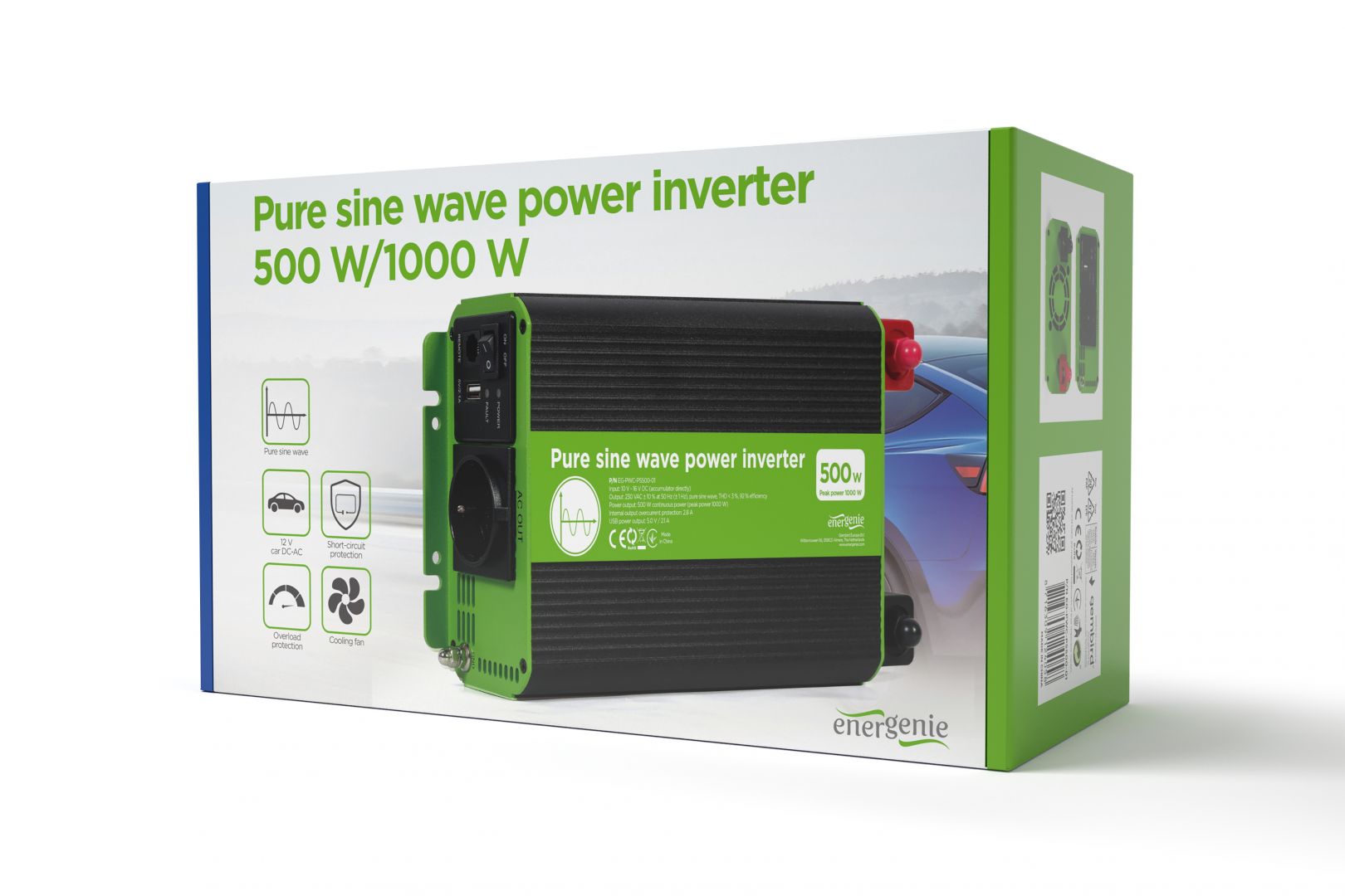 Gembird Energenie 12V Pure sine Wave Car DC-AC Power Inverter 500W