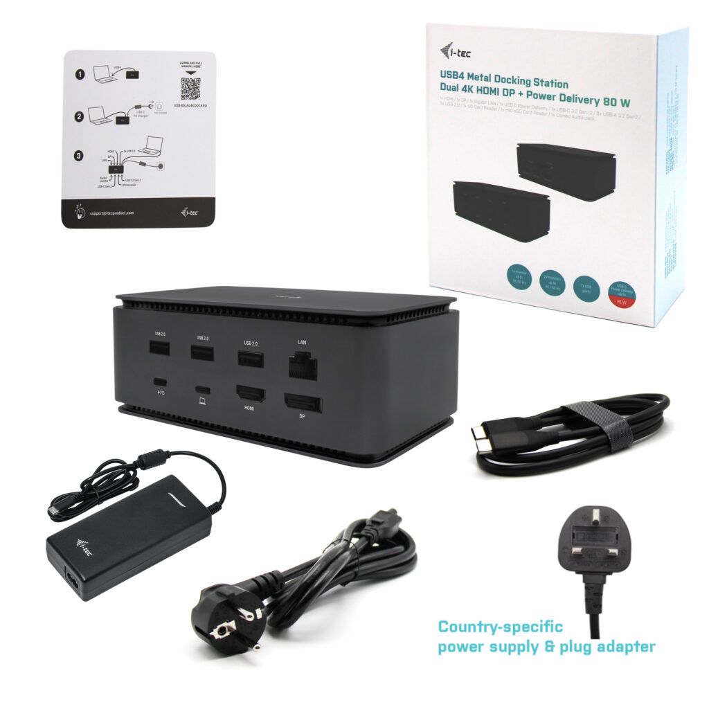 I-TEC USB4 Metal Docking station Dual 4K HDMI DP with Power Delivery 80 W + i-tec Universal Charger 112 W