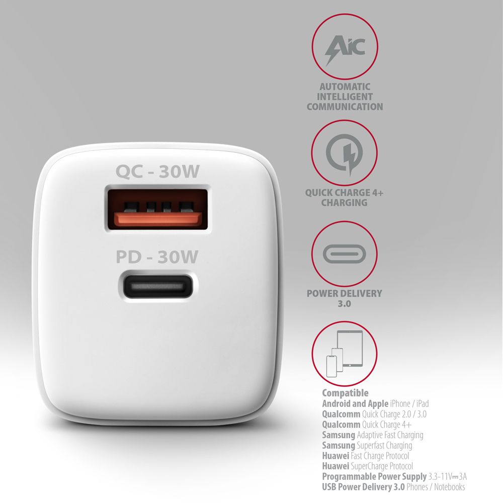 AXAGON ACU-PQ30 PD & QC Wall Charger 30W White