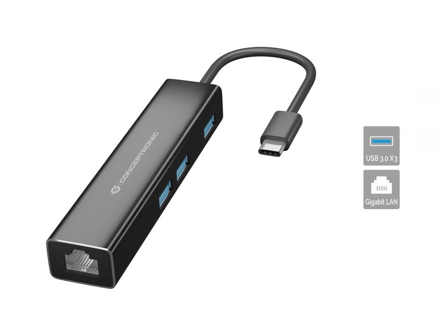 Conceptronic  DONN07B Gigabit USB3.2 Gen 1 Network Adapter with USB HUB Black