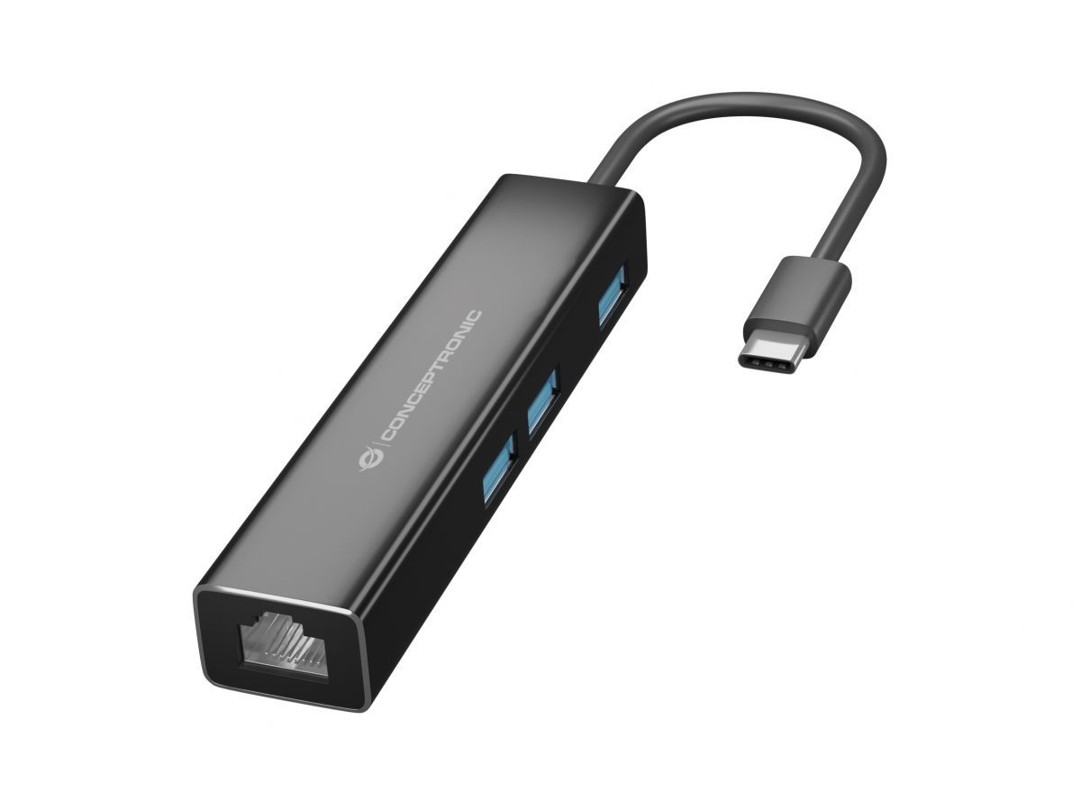 Conceptronic  DONN07B Gigabit USB3.2 Gen 1 Network Adapter with USB HUB Black