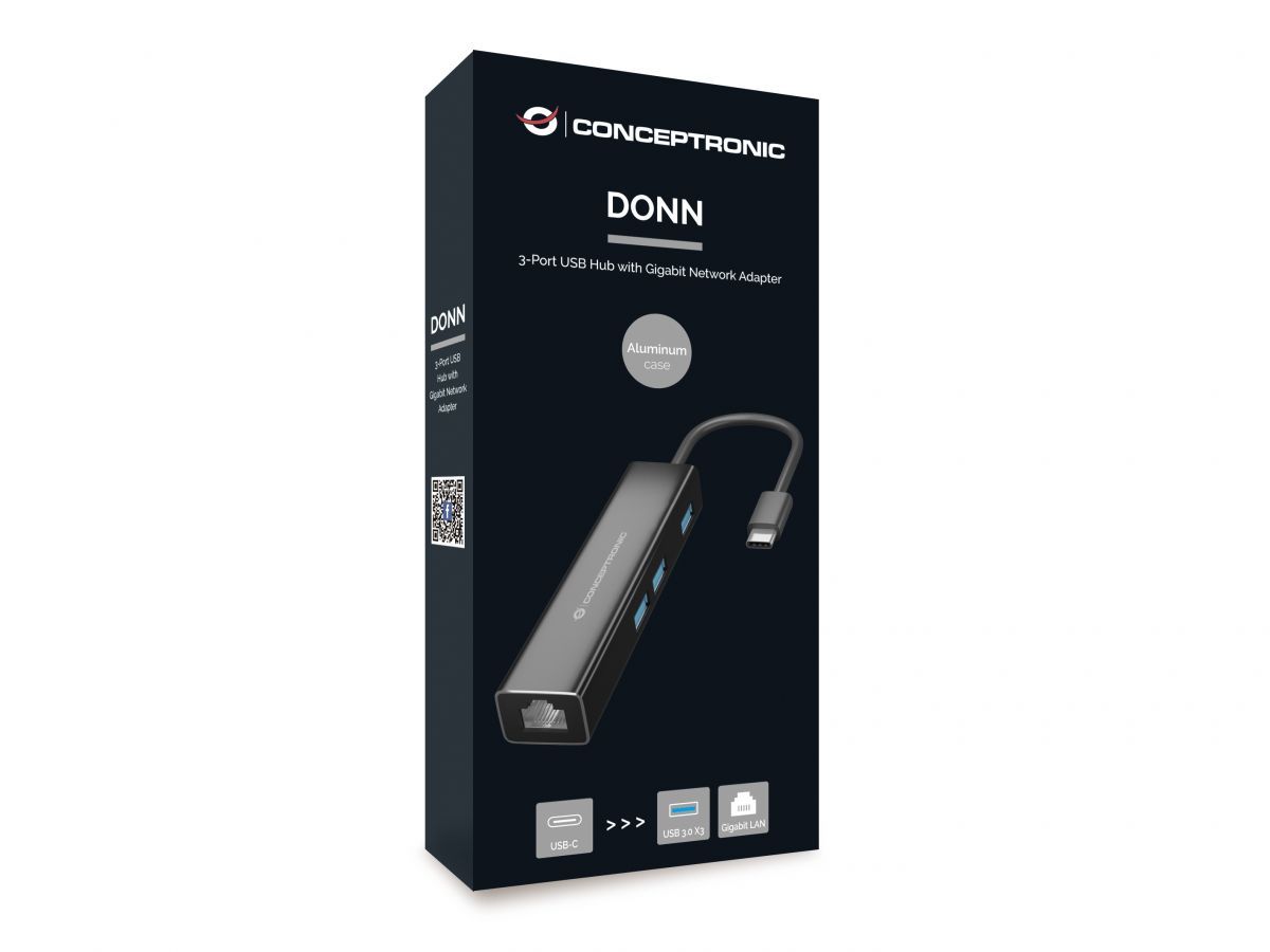 Conceptronic  DONN07B Gigabit USB3.2 Gen 1 Network Adapter with USB HUB Black