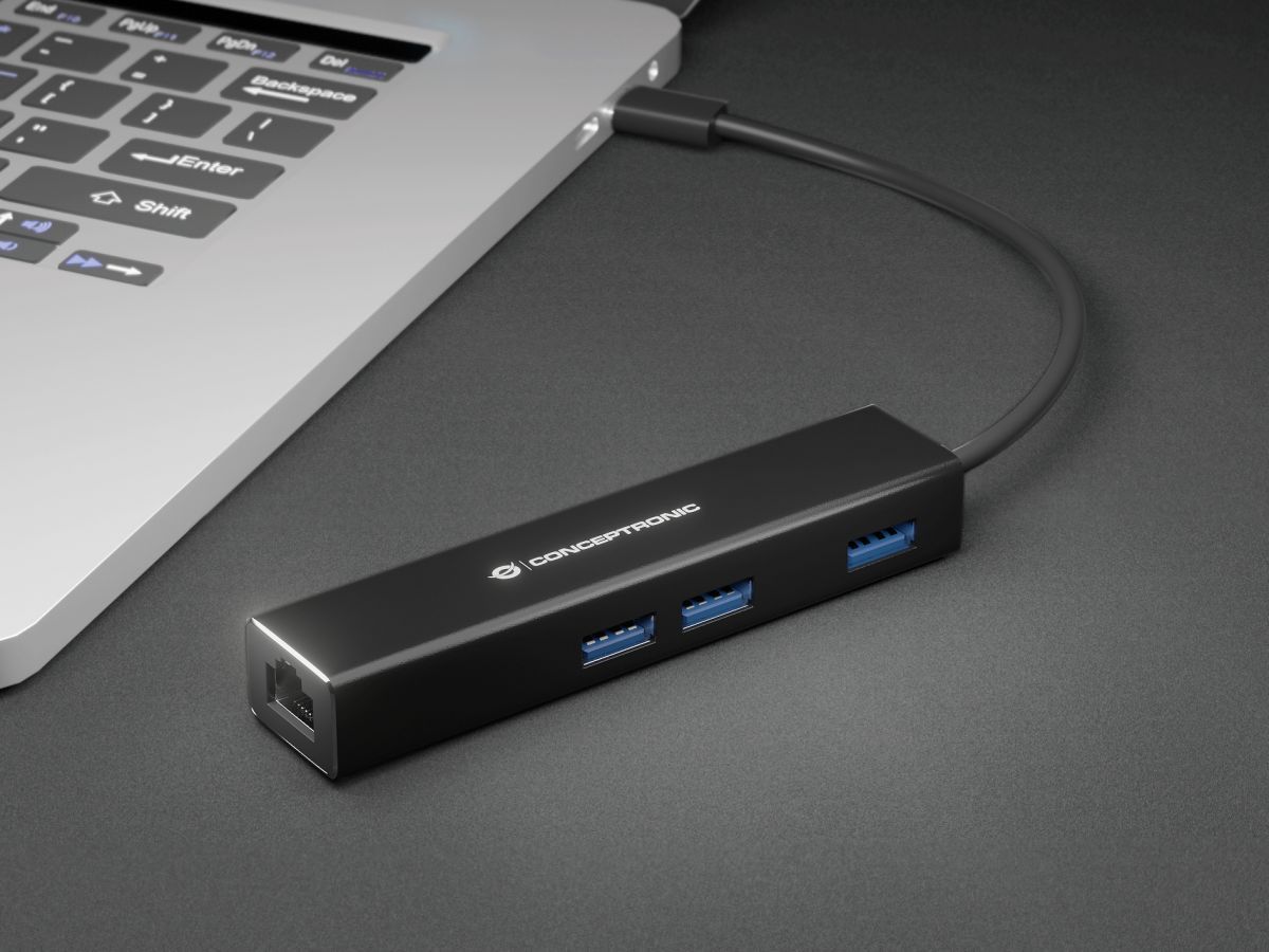 Conceptronic  DONN07B Gigabit USB3.2 Gen 1 Network Adapter with USB HUB Black