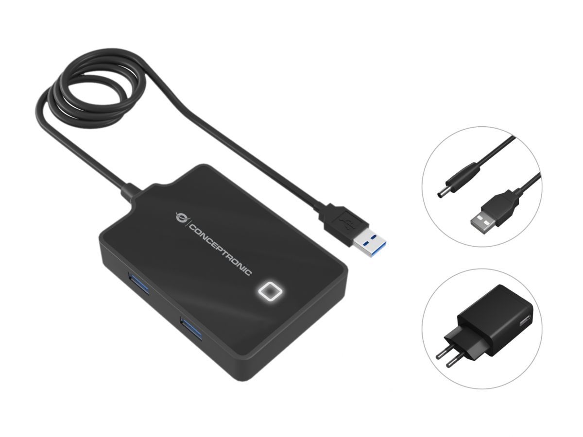 Conceptronic  HUBBIES11BP 4-portos USB3.0 HUB with Power Adapter 90cm Cable Black