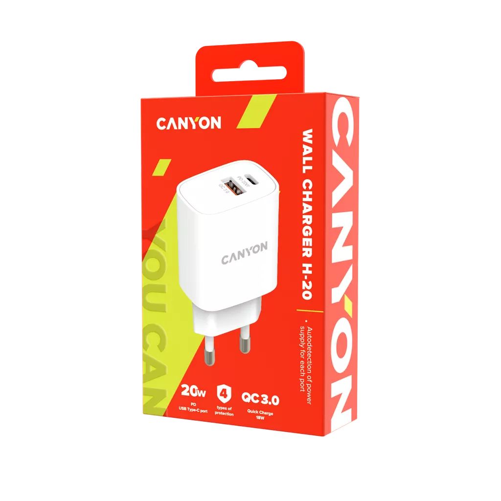 Canyon CNE-CHA20W04 Fast Charging PD & QC 3.0 Wall Adapter White