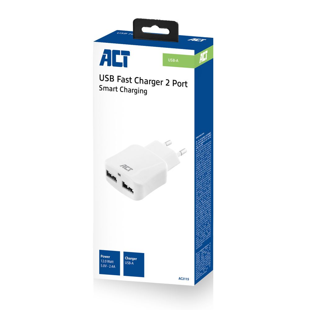 ACT AC2115 USB Charger 2-port 2.4A 12W Smart IC White