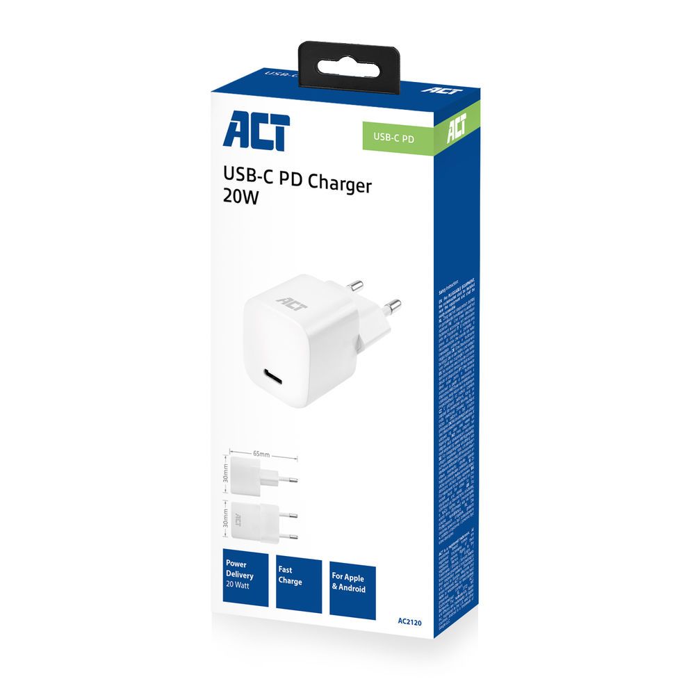 ACT AC2120 Compact USB-C Charger 20W with Power Delivery White