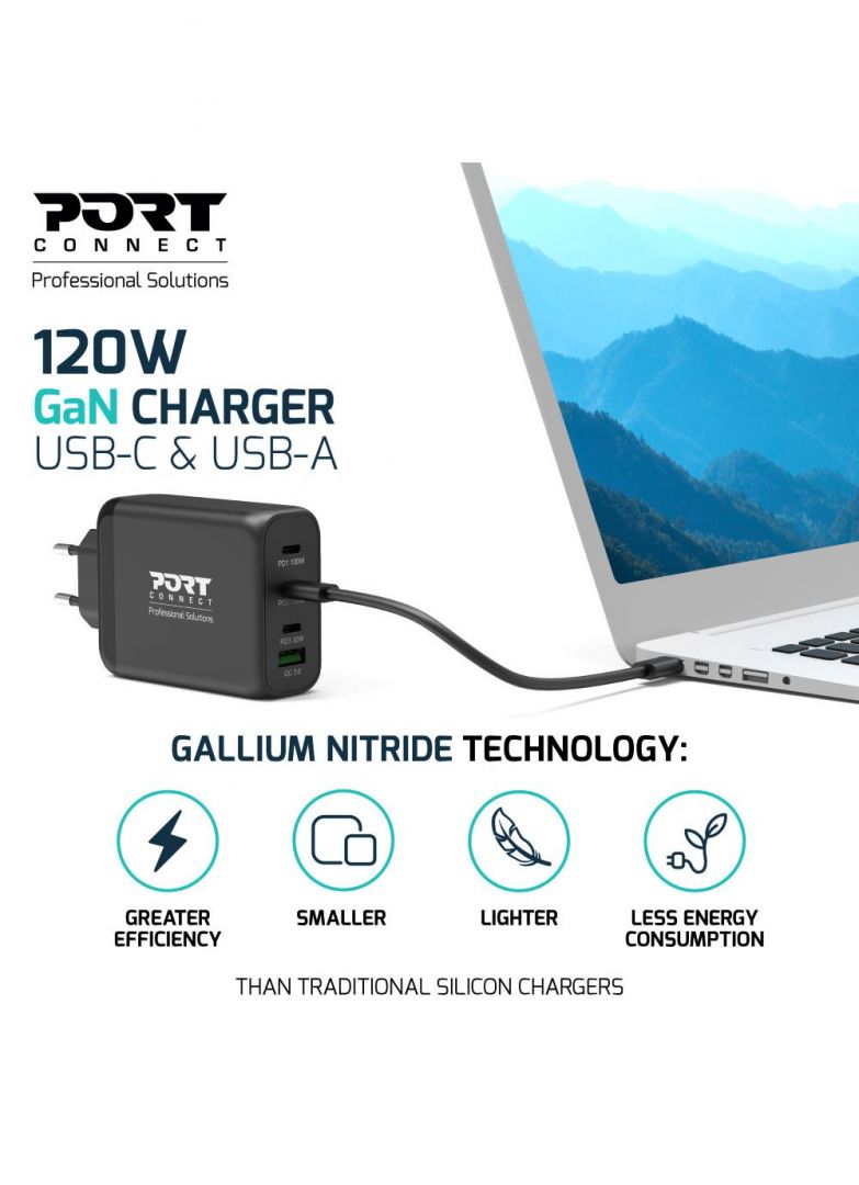 Port Designs 120W GaN Charger USB-C & USB-A Power Delivery and Quick Charge Black