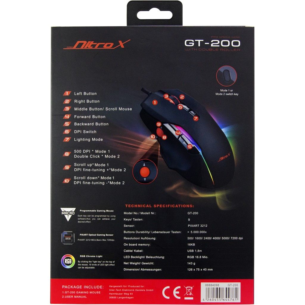 Inter-Tech Nitrox GT-200 RGB Gaming mouse Black