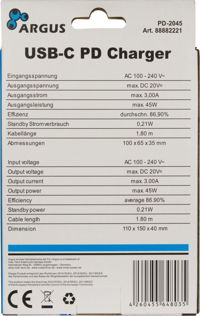 Inter-Tech Argus PD-2045 USB-C 45W PD Charger Black