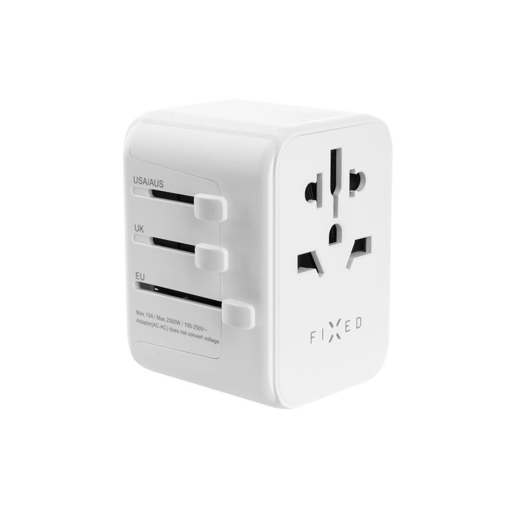 FIXED travel adapter for EU, UK and USA/AUS, with 1xUSB-C and 2xUSB output, GaN, PD 30W, white