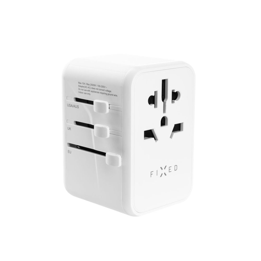 FIXED travel adapter for EU, UK and USA/AUS, with 3xUSB-C and 2xUSB output, GaN, PD 65W, white