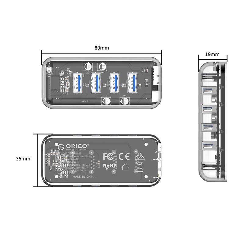 Orico F4U-U3-CR-BP 4-portos USB3.0 HUB Transparent