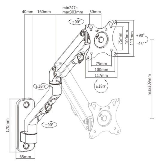 Gembird MA-WA1-02 Adjustable Wall Display Mounting Arm 27” Black